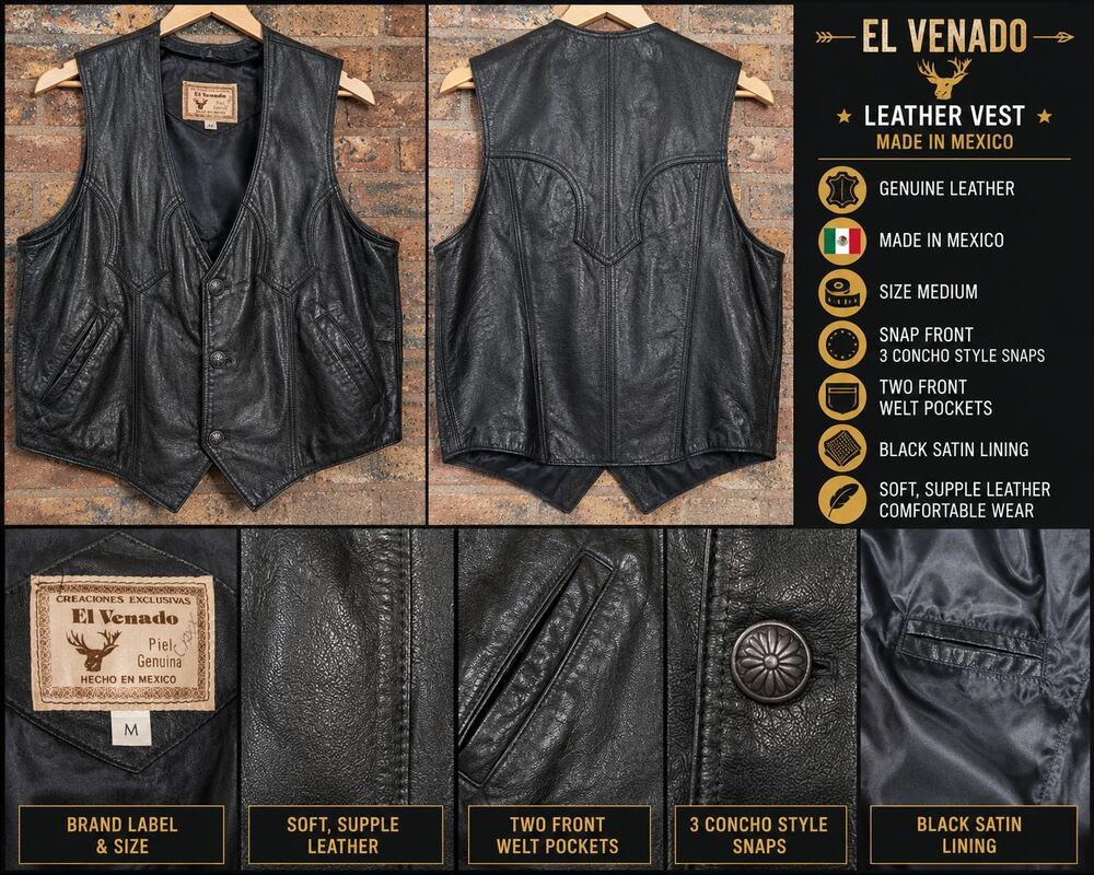 El Venado Black Leather Vest Mens M Made in Mexico Snap Front Genuine Leather